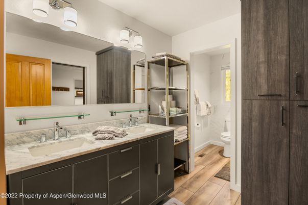 Bathroom, Dual Sink Vanities, Interior, Wood Texture Flooring
