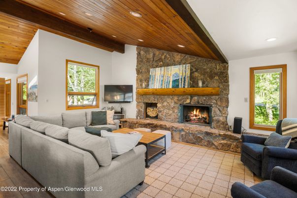 Fireplace, Interior, Living room, Recessed Lighting, Stone Walls, Wooden Beams, Wooden Ceilings, Wood Texture Flooring