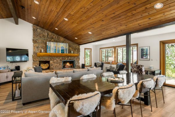 Fireplace, Interior, Living room, Recessed Lighting, Stone Walls, Wooden Beams, Wooden Ceilings, Wood Texture Flooring