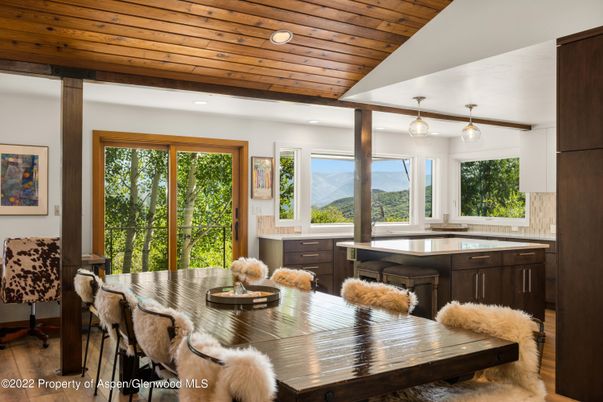 Dining room, Interior, Pendant Lights, Recessed Lighting, Wooden Ceilings, Wood Texture Flooring