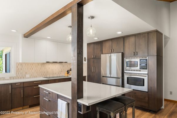 Interior, Kitchen, Pendant Lights, Recessed Lighting, Stainless Steel Appliances, Wooden Beams, Wood Texture Flooring