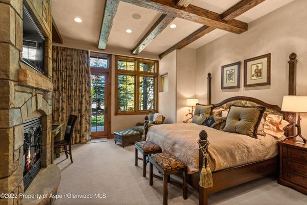Bedroom, Fireplace, Interior, Recessed Lighting, Wooden Beams