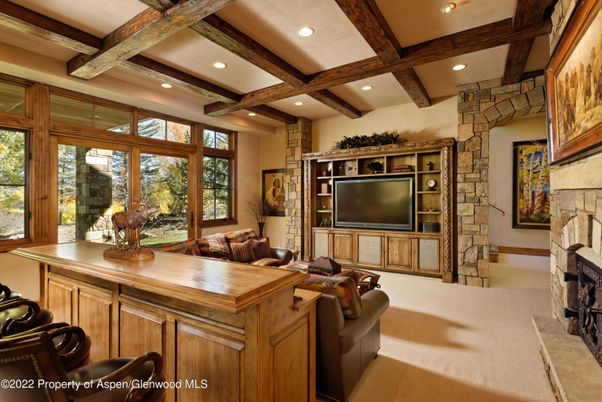 Fireplace, Interior, Recessed Lighting, Stone Walls, Wooden Beams