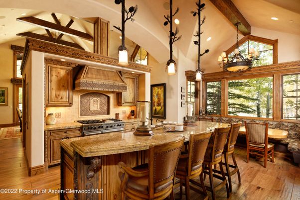 Interior, Kitchen, Pendant Lights, Recessed Lighting, Stainless Steel Appliances, Wooden Beams, Wood Texture Flooring
