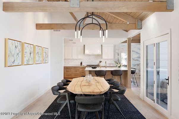 Dining room, Interior, Kitchen, Pendant Lights, Recessed Lighting, Wooden Beams, Wooden Ceilings, Wood Texture Flooring