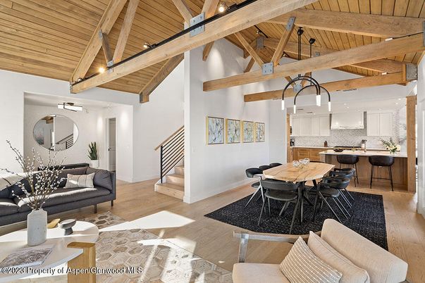 Dining room, Interior, Kitchen, Living room, Pendant Lights, Wooden Beams, Wooden Ceilings, Wood Texture Flooring