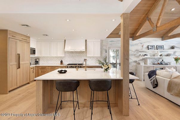 Interior, Kitchen, Marble Walls, Recessed Lighting, Stainless Steel Appliances, Wooden Beams, Wooden Ceilings, Wood Texture Flooring