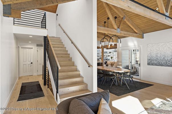 Dining room, Interior, Recessed Lighting, Wooden Beams, Wooden Ceilings, Wood Texture Flooring