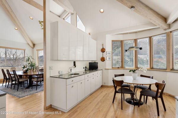 Dining room, Interior, Pendant Lights, Recessed Lighting, Wooden Beams, Wood Texture Flooring