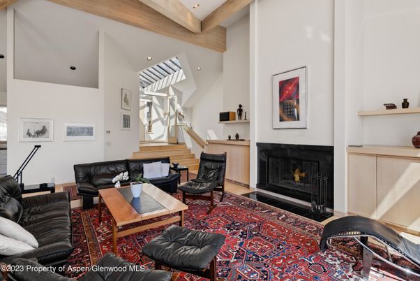 Fireplace, Interior, Living room, Piano, Recessed Lighting, Wooden Beams, Wood Texture Flooring