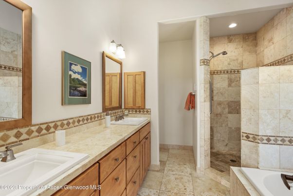 Bathroom, Dual Sink Vanities, Interior, Recessed Lighting, Tile Countertops