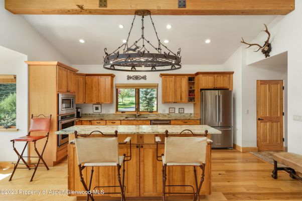 Chandelier, Interior, Kitchen, Recessed Lighting, Stainless Steel Appliances, Wooden Beams, Wood Texture Flooring