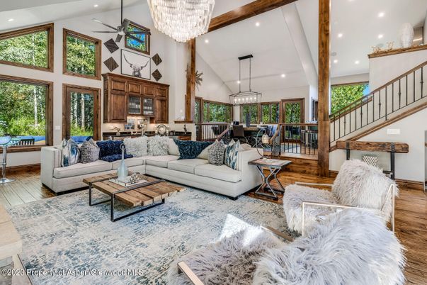 Chandelier, Dining room, Interior, Kitchen, Living room, Pendant Lights, Recessed Lighting, Wooden Beams, Wood Texture Flooring