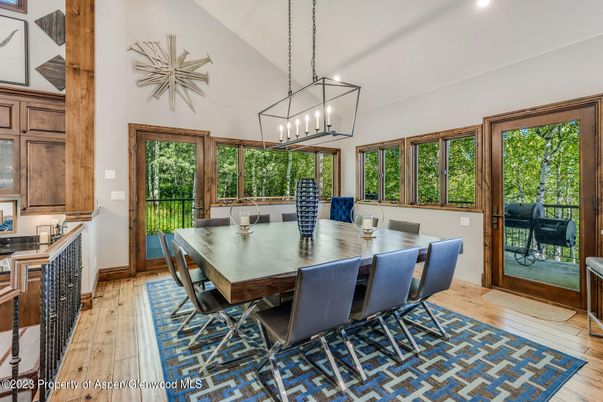 Dining room, Interior, Pendant Lights, Recessed Lighting, Wood Texture Flooring