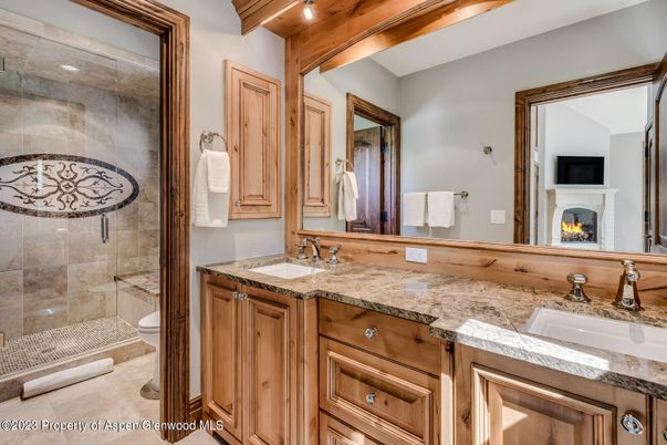Bathroom, Dual Sink Vanities, Fireplace, Glass Shower, Interior, Recessed Lighting
