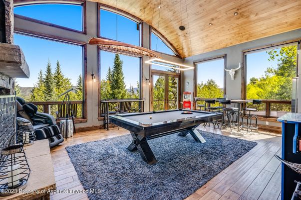 Billiard Table, Fitness Equipment, Game Room, Interior, Recessed Lighting, Wooden Ceilings, Wood Texture Flooring