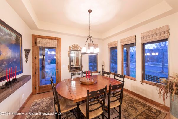 Dining room, Interior, Pendant Lights, Wood Texture Flooring