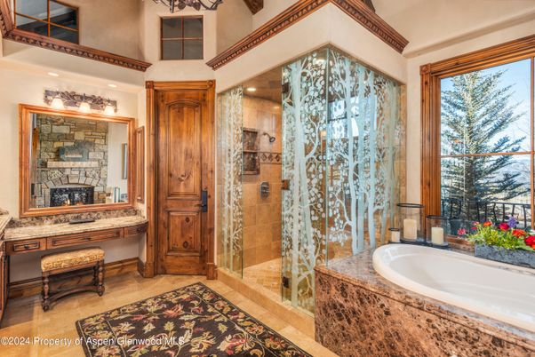 Bathroom, Glass Shower, Interior, Recessed Lighting, Stone Walls