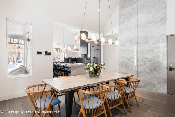 Dining room, Interior, Kitchen, Marble Walls, Pendant Lights, Wood Texture Flooring