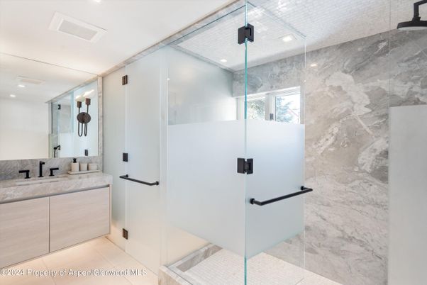 Bathroom, Glass Shower, Interior, Marble, Marble Walls, Recessed Lighting