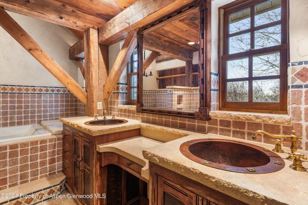 Bathroom, Dual Sink Vanities, Interior, Wooden Beams, Wooden Ceilings