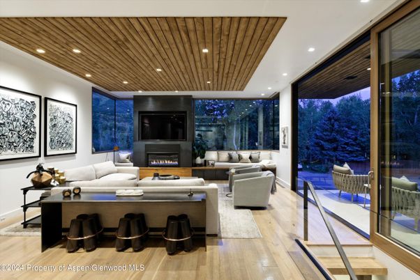 Fireplace, Interior, Living room, Recessed Lighting, Wooden Ceilings, Wood Texture Flooring