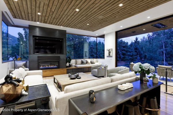 Fireplace, Interior, Living room, Recessed Lighting, Wooden Ceilings, Wood Texture Flooring
