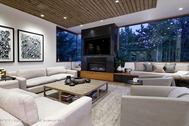 Fireplace, Interior, Living room, Recessed Lighting, Wooden Ceilings, Wood Texture Flooring