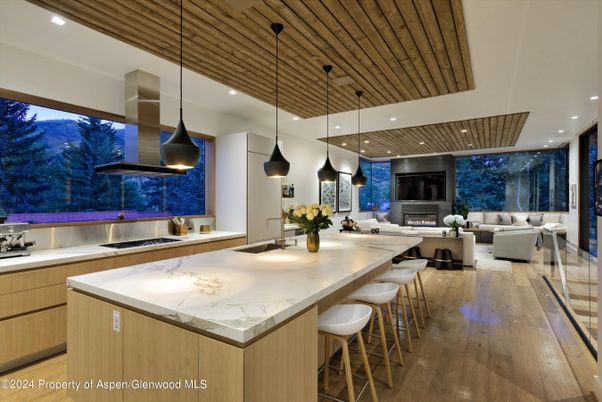 Fireplace, Interior, Kitchen, Living room, Pendant Lights, Recessed Lighting, Wooden Ceilings, Wood Texture Flooring