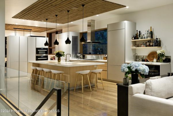 Interior, Kitchen, Pendant Lights, Recessed Lighting, Stainless Steel Appliances, Wooden Ceilings, Wood Texture Flooring