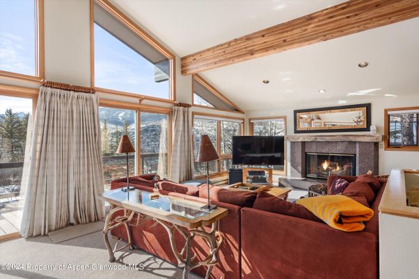 Fireplace, Interior, Living room, Recessed Lighting, Wooden Beams