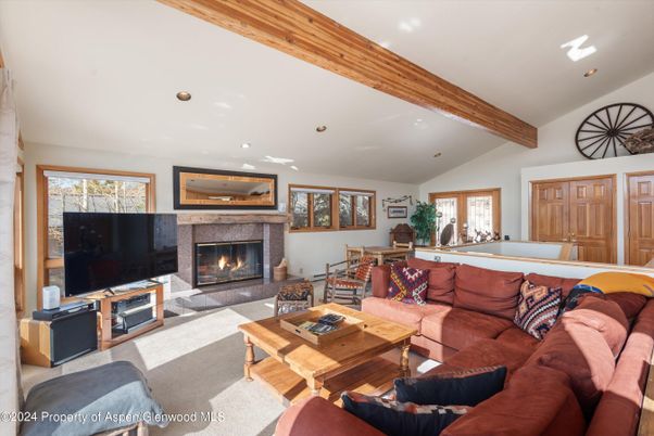 Fireplace, Interior, Living room, Recessed Lighting, Wooden Beams
