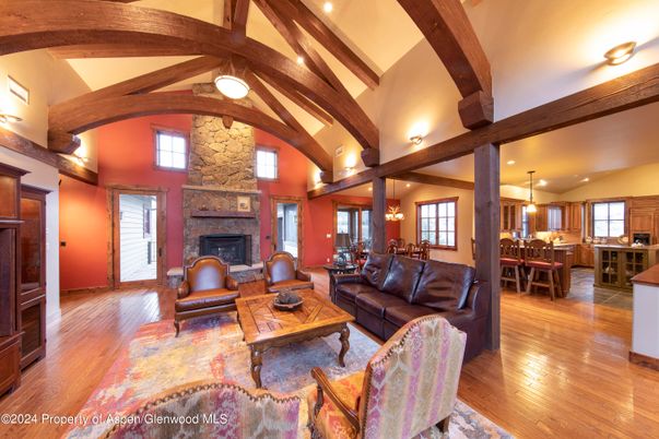 Dining room, Fireplace, Interior, Kitchen, Living room, Pendant Lights, Recessed Lighting, Wooden Beams, Wood Texture Flooring