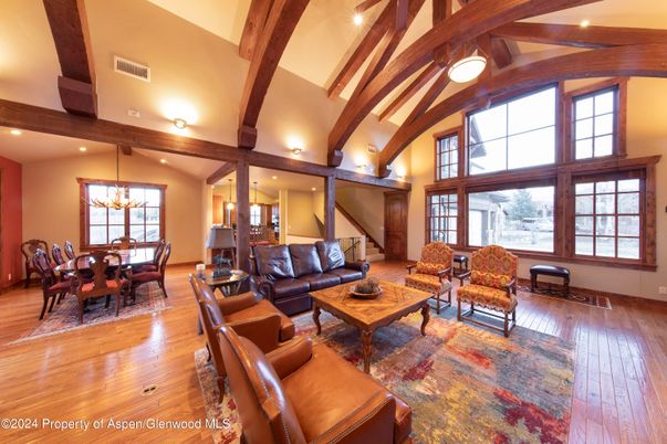Chandelier, Dining room, Interior, Living room, Recessed Lighting, Wooden Beams, Wood Texture Flooring