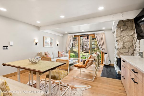 Interior, Living room, Recessed Lighting, Stone Walls, Wood Texture Flooring