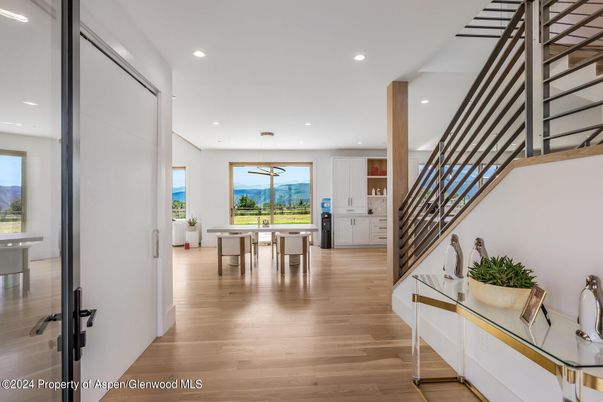 Dining room, Interior, Pendant Lights, Recessed Lighting, Wood Texture Flooring