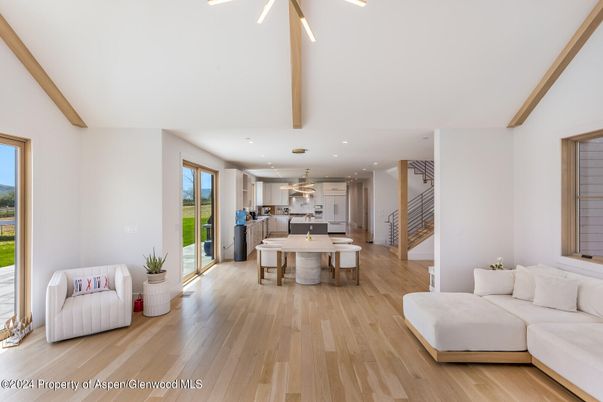 Dining room, Interior, Kitchen, Living room, Pendant Lights, Recessed Lighting, Wooden Beams, Wood Texture Flooring