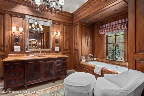 Bathroom, Chandelier, Interior, Recessed Lighting, Wood Texture Flooring, Wooden Walls