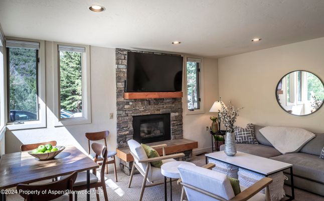 Dining room, Fireplace, Interior, Living room, Recessed Lighting