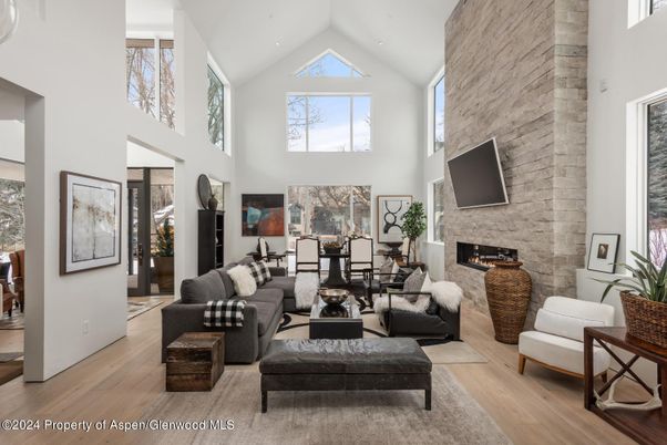 Dining room, Fireplace, Interior, Living room, Stone Walls, Wood Texture Flooring