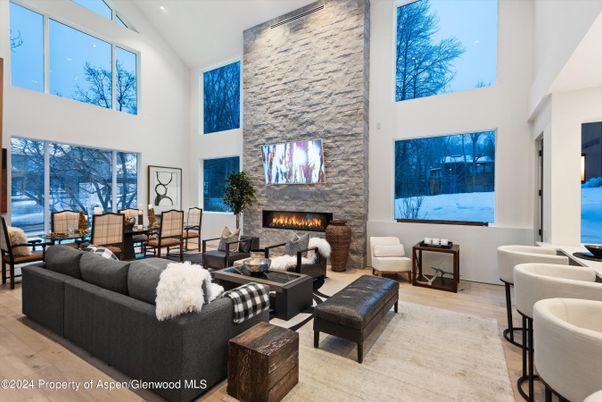 Dining room, Fireplace, Interior, Living room, Stone Walls, Wood Texture Flooring