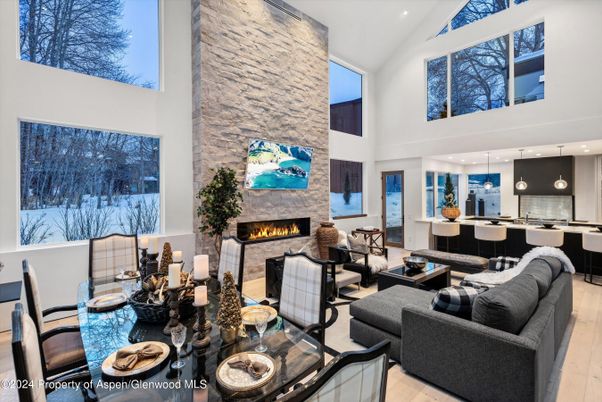 Dining room, Fireplace, Interior, Kitchen, Living room, Pendant Lights, Recessed Lighting, Stone Walls, Wood Texture Flooring