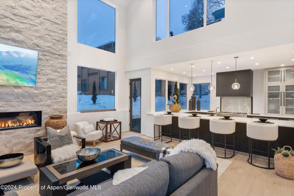 Dining room, Fireplace, Interior, Kitchen, Living room, Pendant Lights, Recessed Lighting, Stone Walls, Wood Texture Flooring