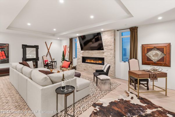 Fireplace, Interior, Living room, Recessed Lighting, Wood Texture Flooring