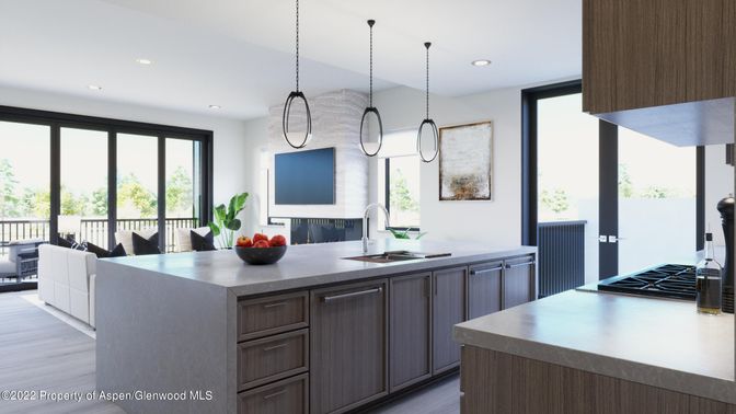 Interior, Kitchen, Living room, Pendant Lights, Recessed Lighting, Wood Texture Flooring