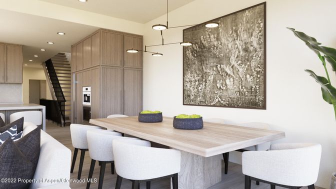 Dining room, Interior, Kitchen, Pendant Lights, Recessed Lighting, Wood Texture Flooring