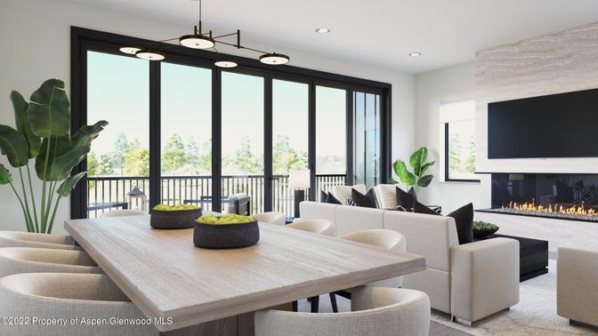 Dining room, Fireplace, Interior, Living room, Pendant Lights, Recessed Lighting