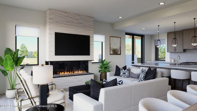 Fireplace, Interior, Kitchen, Living room, Pendant Lights, Recessed Lighting