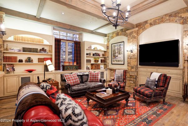 Chandelier, Interior, Living room, Recessed Lighting, Stone Walls, Wooden Beams, Wood Texture Flooring