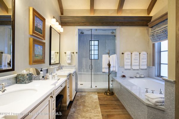 Bathroom, Dual Sink Vanities, Glass Shower, Interior, Wood Texture Flooring
